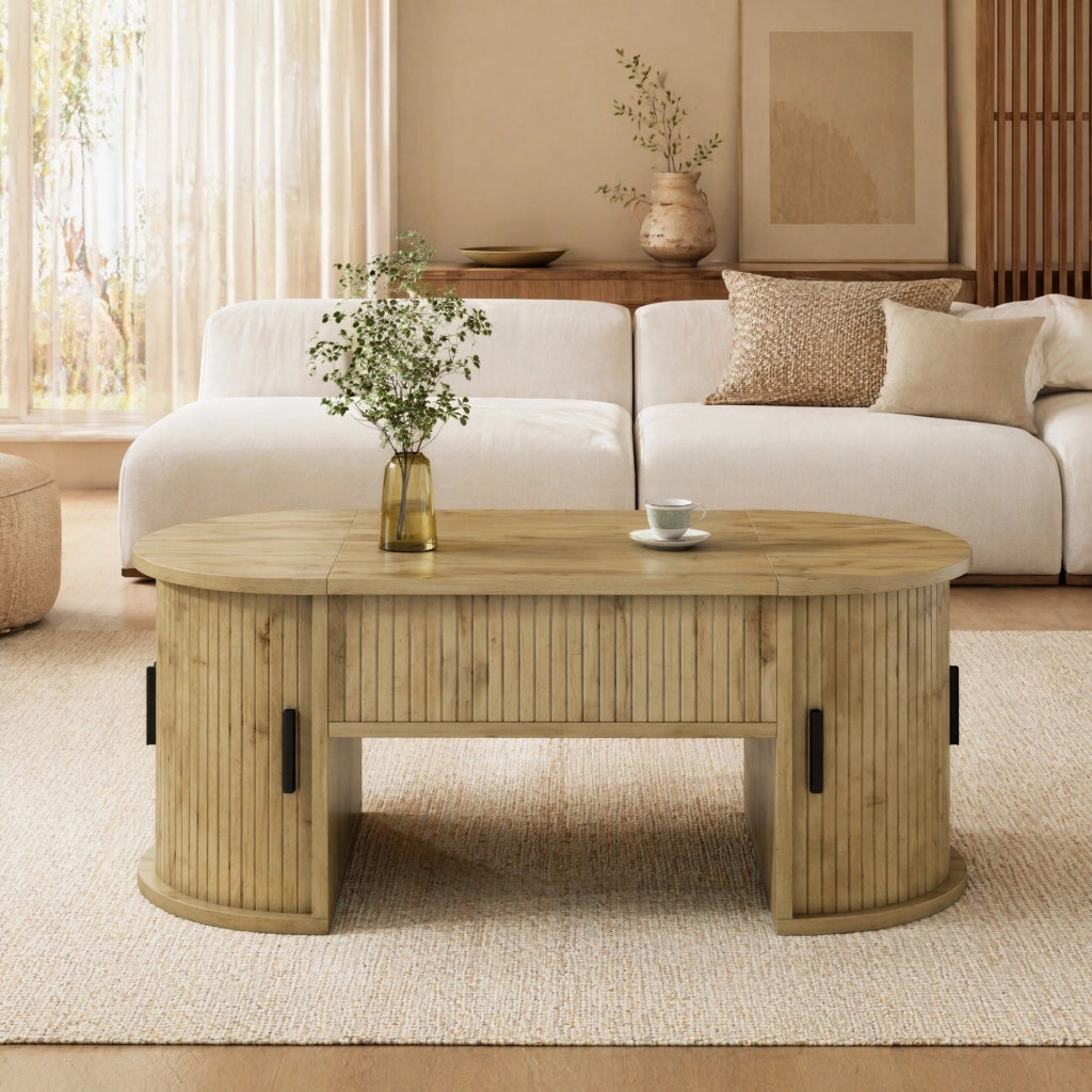 Tavolino basso sollevabile con piano regolabile e ripiani aperti in MDF effetto rovere, ovale, 100 × 50 × 40,5 cm
