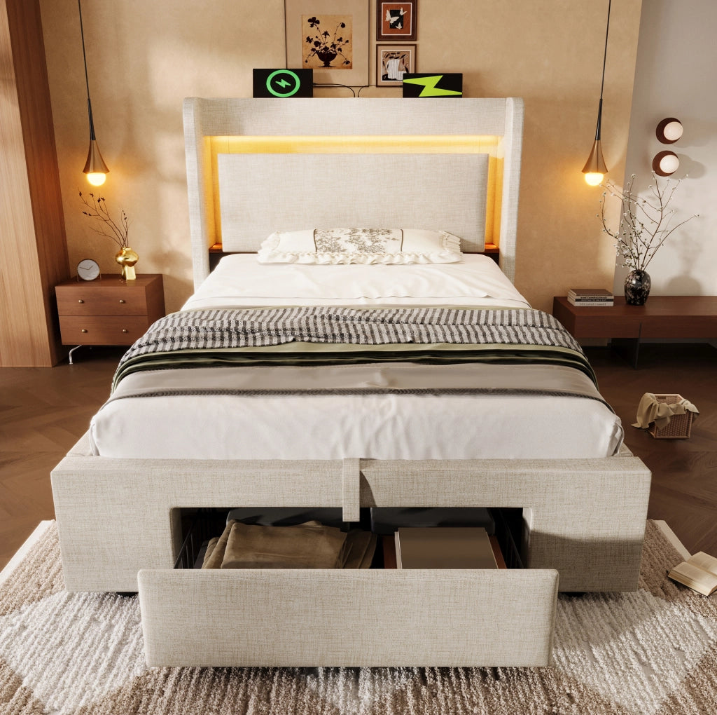Letto singolo contenitore 90x200 cm in lino beige con LED; USB e USB-C HOMVRA