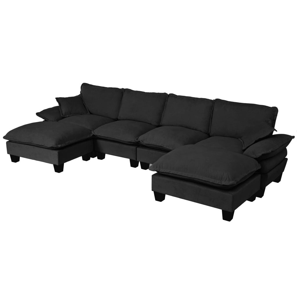 Divano modulare ULEVR 332x151x90 cm in ciniglia nera con ottomana mobile e braccioli rimovibili