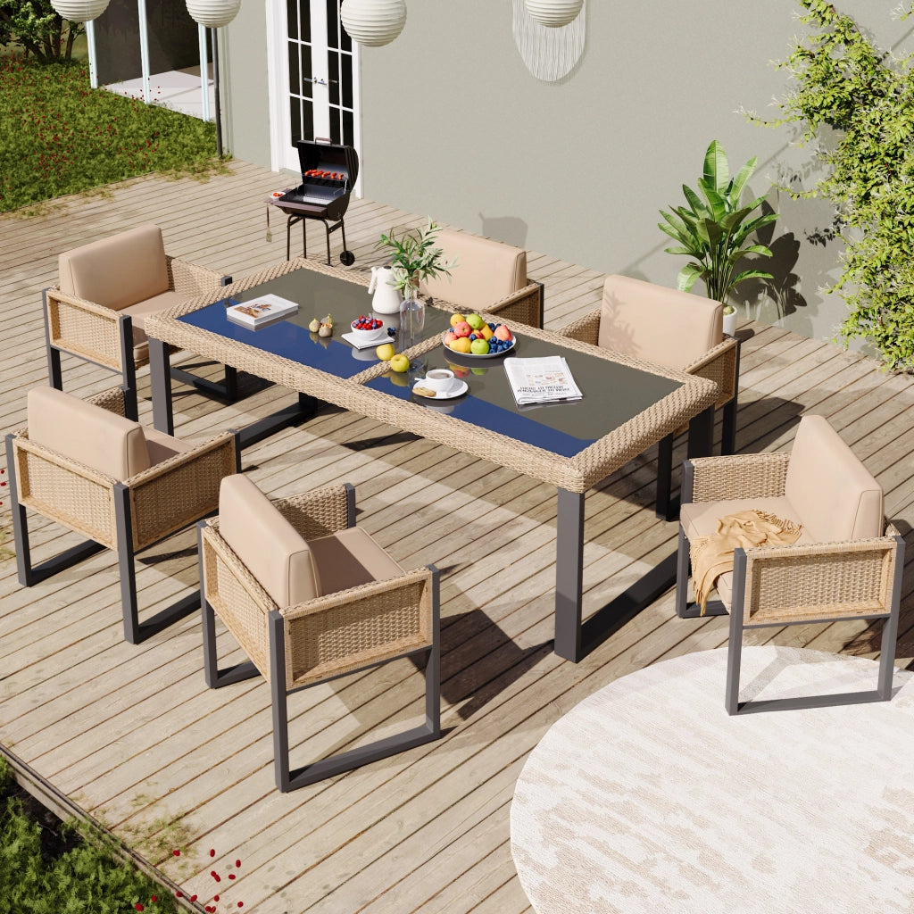 Set pranzo polyrattan 6 persone: poltrone; tessuto sfoderabile lavabile; marrone