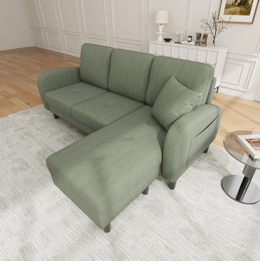 Divano angolare a L 3 posti con chaise longue 166x118x77 cm, tessuto in corda, gambe in plastica, design modulare