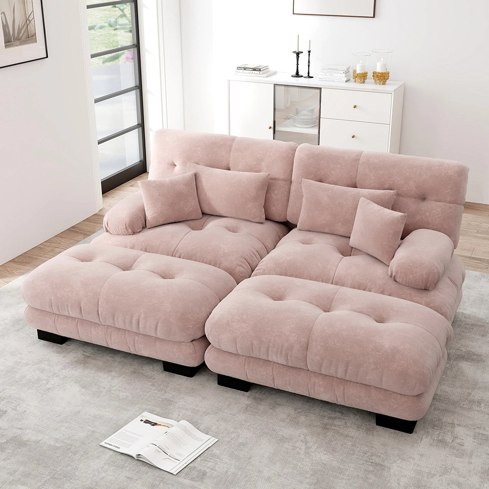Divano angolare Cloud - Xylo - 2 posti in chenille con 2 cuscini lombari e 2 pouf, rosa