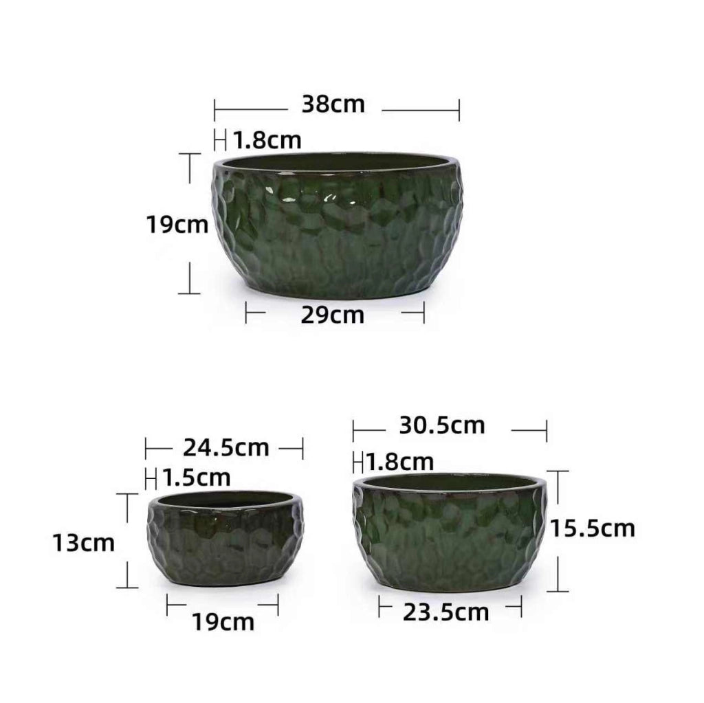 Set di 3 vasi in ceramica smaltata verde antigata con foro di drenaggio, diametri 38,1/30,5/25,4 cm, per interno ed esterno