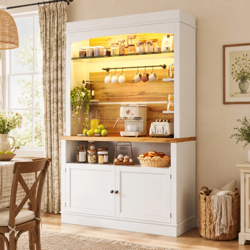 Credenza da cucina alta, set di 2 con LED RGB, 6 ganci e dispositivo antiribaltamento, MDF bianco, 107 × 34 × 184 cm