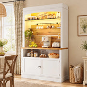 Credenza da cucina alta, set di 2 con LED RGB, 6 ganci e dispositivo antiribaltamento, MDF bianco, 107 × 34 × 184 cm