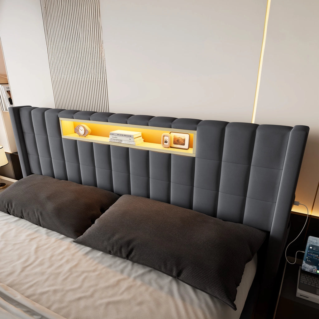 Letto matrimoniale imbottito con LED e vano contenitore 160 x 200 cm