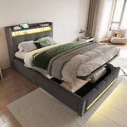 Letto per bambini imbottito 90x200 cm con LED multicolore; USB e vano contenitore; lino grigio