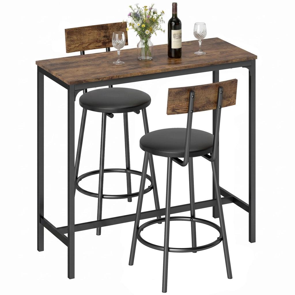Ensemble Table de Bar avec 2 Tabourets, Table Haute de Cuisine et 2 Chaises de Bar Rembourrées PU, Repose-Pieds, Marron
