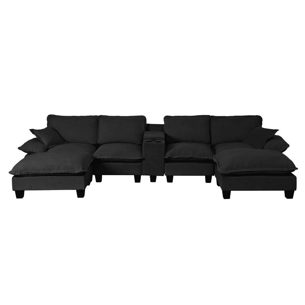 Divano Modulare a U con Ottomane, Contenitore, USB e Cuscini ¨C MINIMAL ¨C Chenille Nero