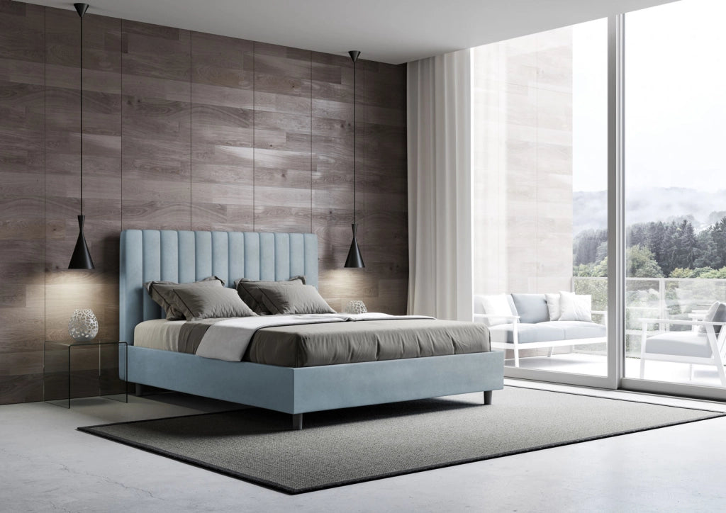 Letto 1 Piazza E Mezzo 130x190 cm con Rete Imbottito in Microfibra Agueda Azzurro