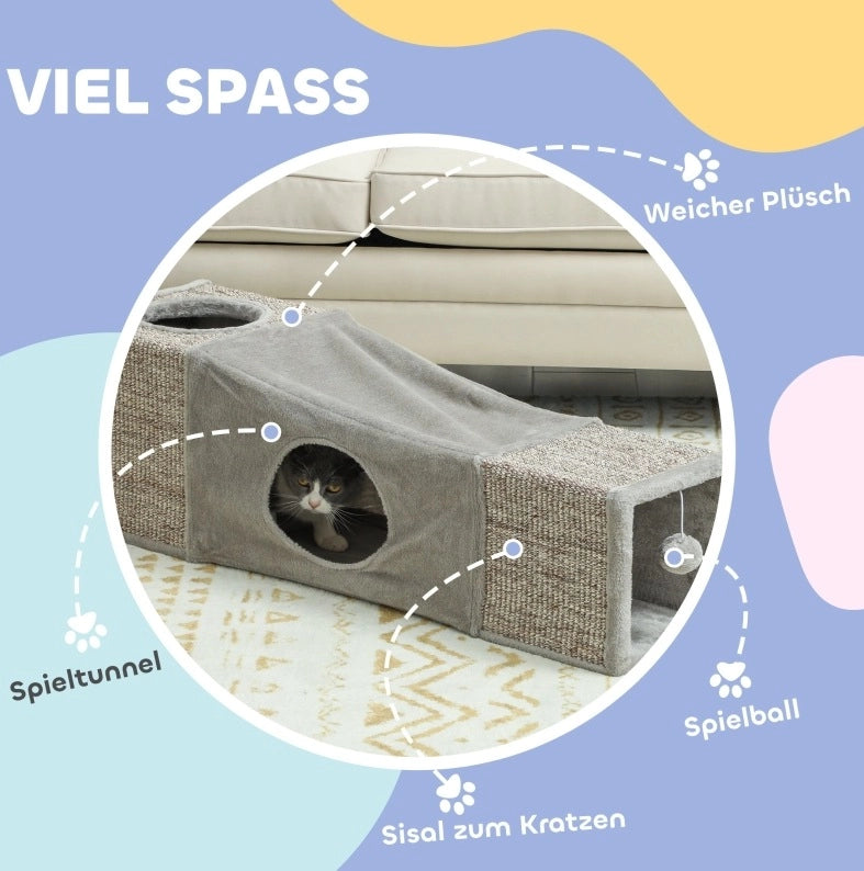 Tunnel pieghevole per gatti con due cucce e sisal