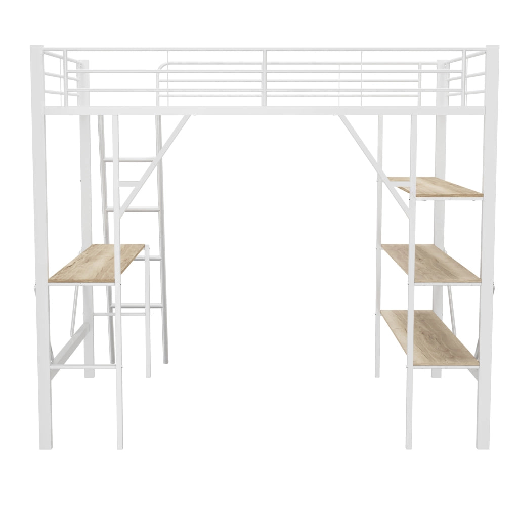 Letto a soppalco ULEVR 90x200 cm con scrivania, 3 ripiani e parapetto, metallo e MDF bianco