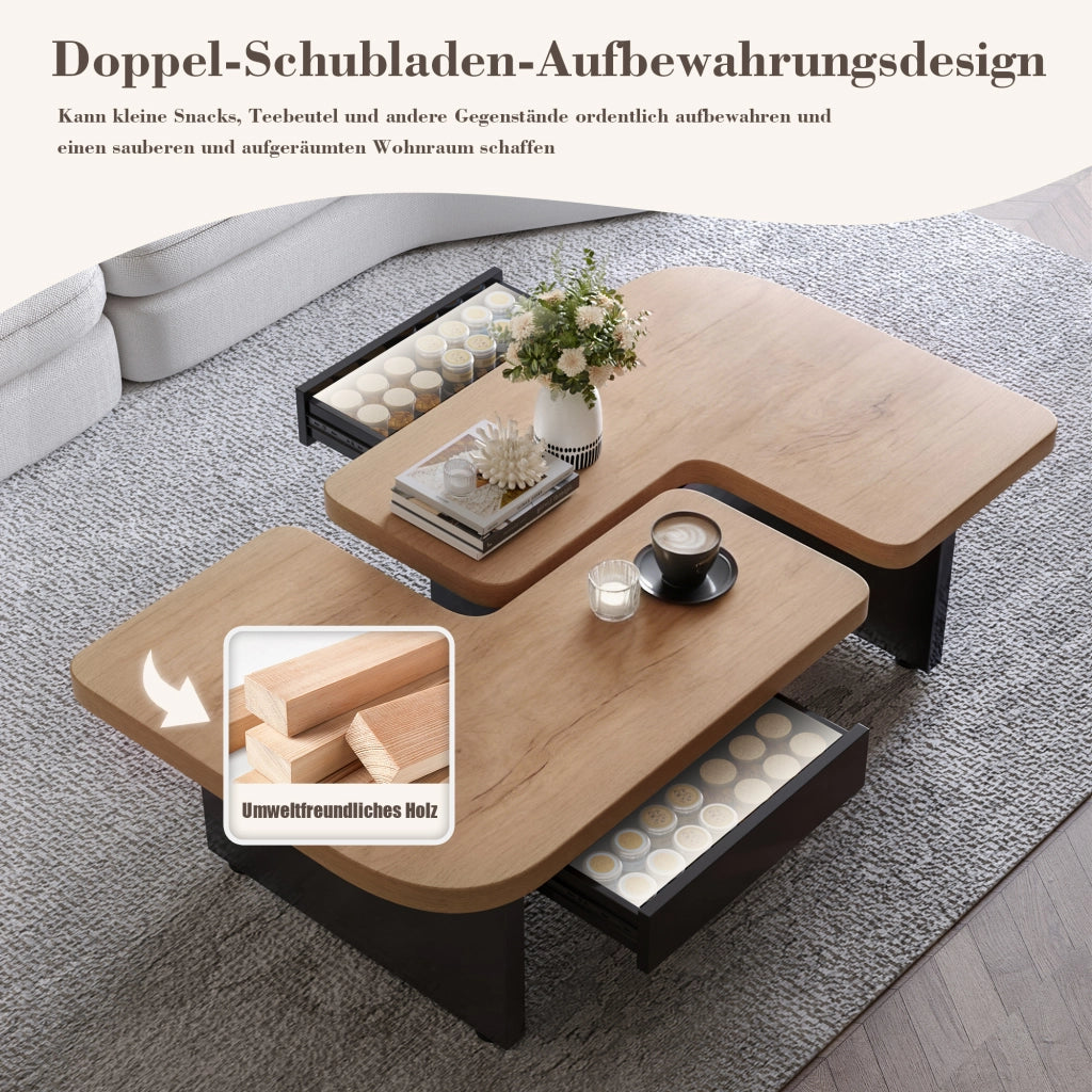Tavolino da salotto LED con 2 cassetti e tavolini laterali separabili, in MDF naturale e nero, 90 × 60 × 44,5 cm