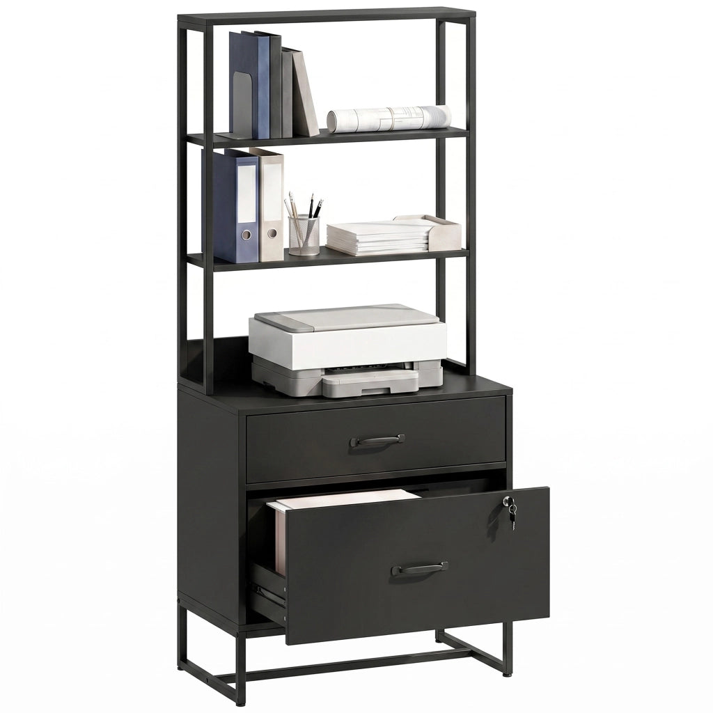 Mobile Archivio Ufficio con 2 Cassetti con Serratura e Libreria Schedario per Formato A4 e Letter Nero