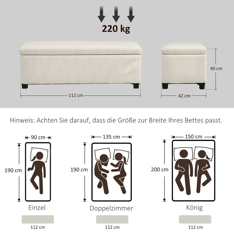 Panca con contenitore in tessuto a coste beige 112x42x40 cm con struttura in acciaio, seduta imbottita per soggiorno e camera