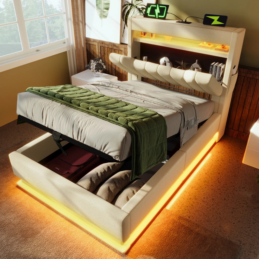 Letto singolo 90x200 cm con LED, ricarica USB e ampio spazio contenitivo