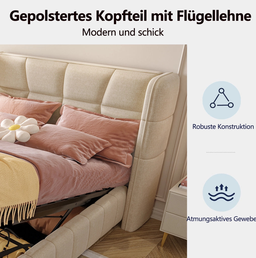 Letto imbottito con contenitore 90 x 200 cm beige