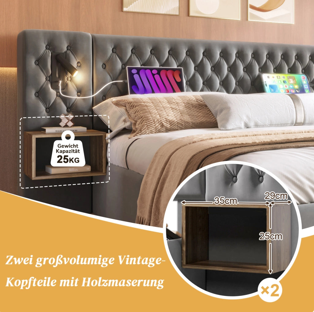 Letto contenitore 180 x 200 cm con comodini, luci e ricarica