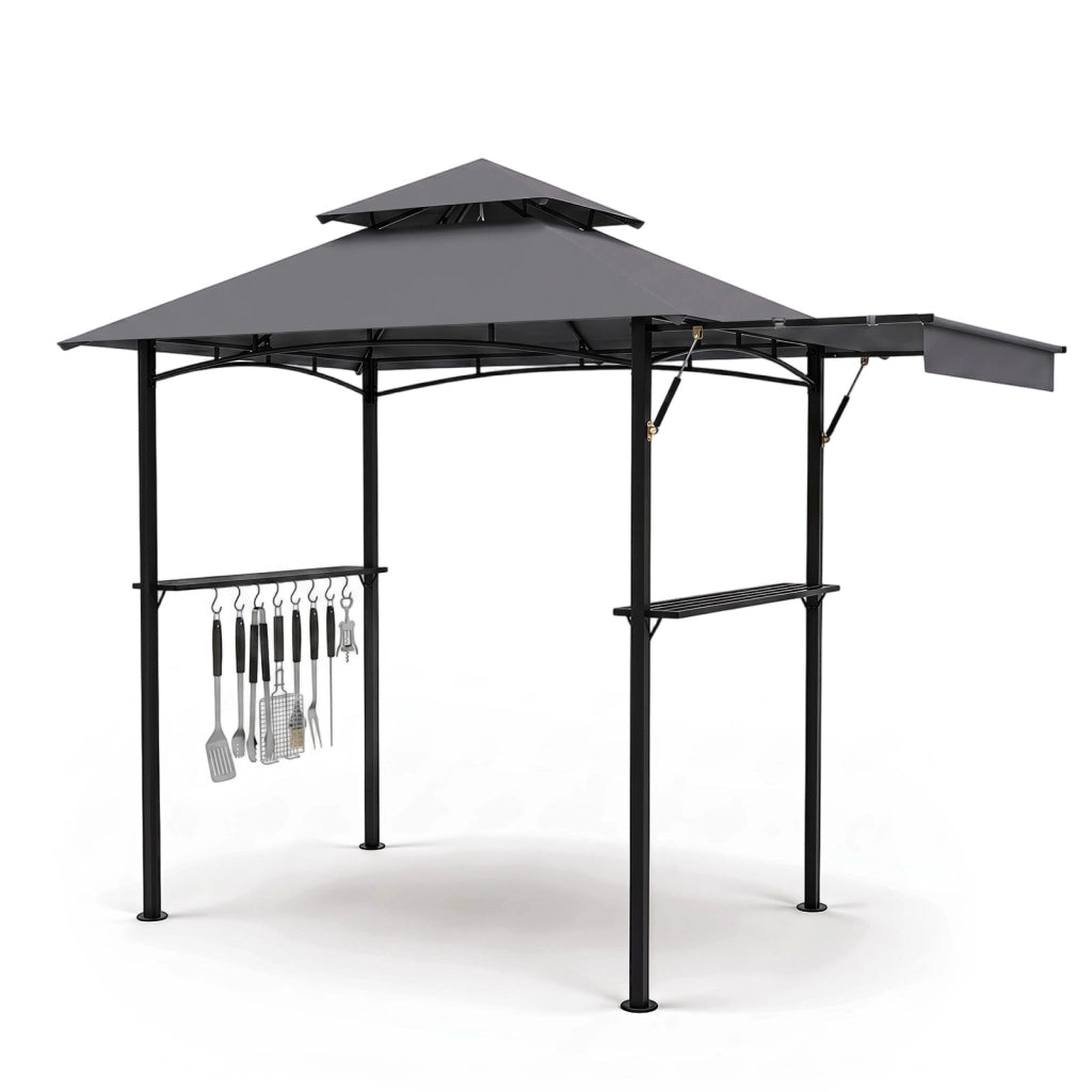 Gazebo per barbecue con telo laterale retraibile 2 ripiani 8 ganci, Pergola per bbq  struttura in metallo con tetto a doppio strato