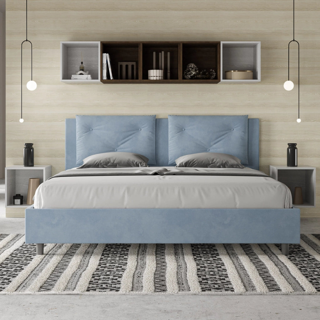 BS COM Letto con rete imbottito 180x200 microfibra azzurro