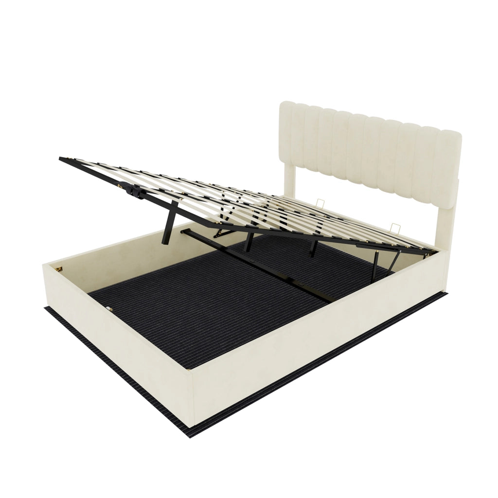 Letto imbottito 140x200 cm beige con base contenitore e materasso incluso