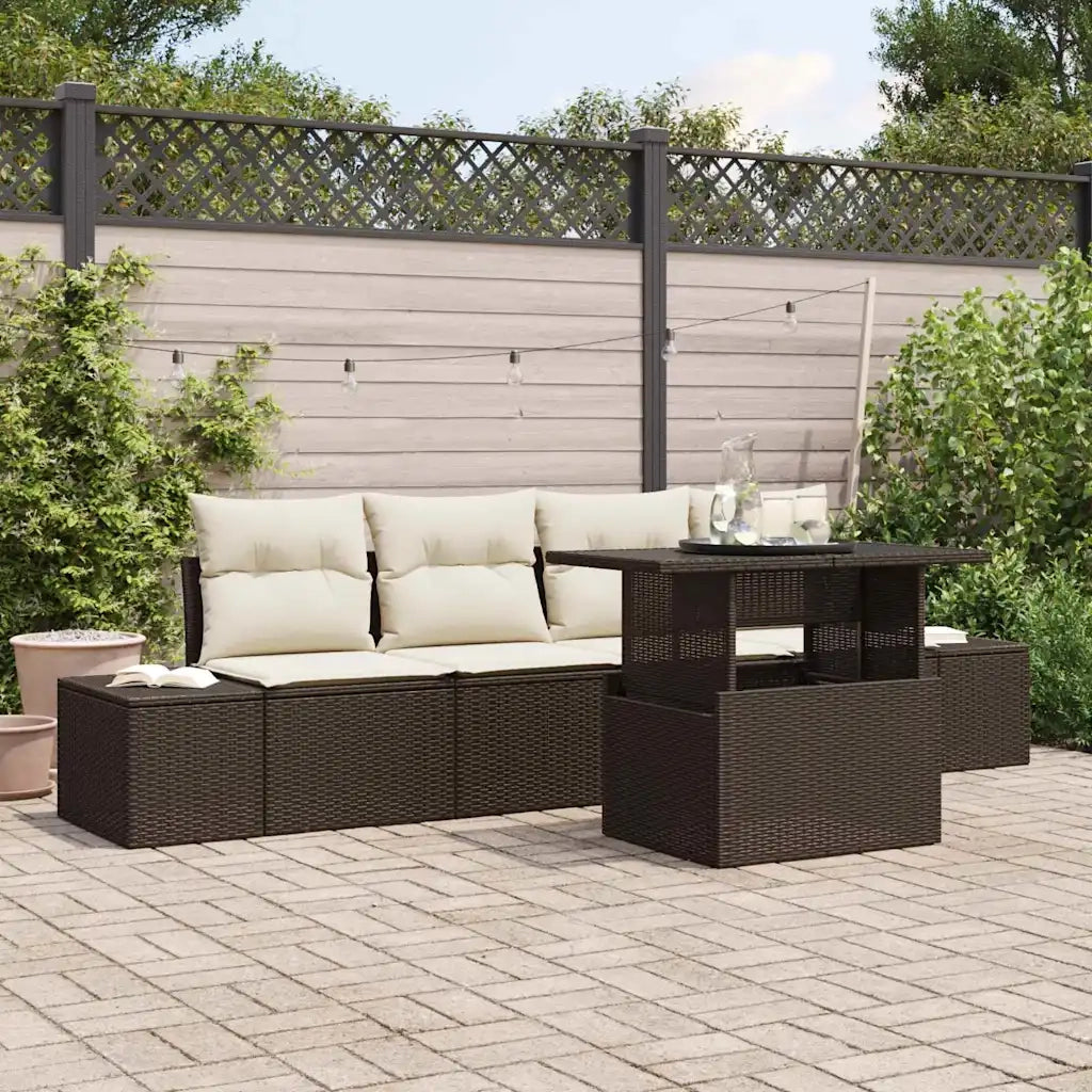 Set di divani con cuscino 5 pcs Marrone e Crema polyrattan