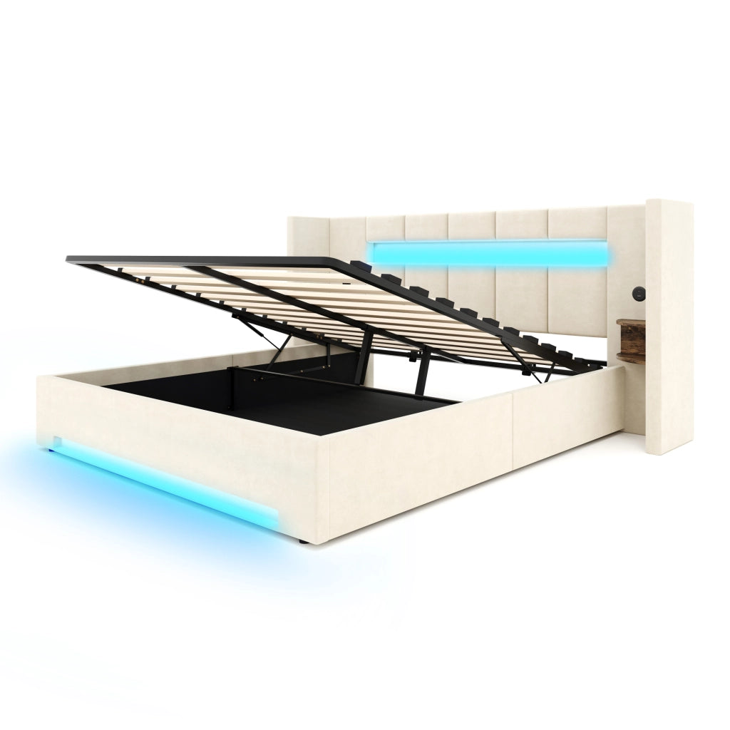Letto con struttura in velluto 160x200 cm con testiera larga, doppi USB, armadietti retro, luci LED e grande contenitore sottostante con tessuto non tessuto