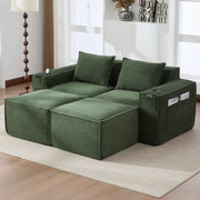 Divano modulare 2 posti con pouf, porta bicchieri e tasche laterali, verde