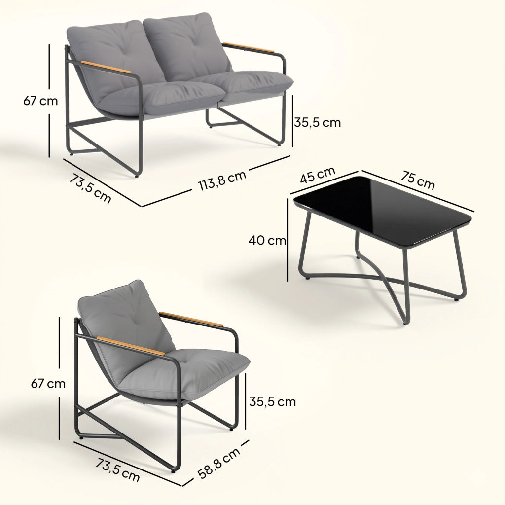 Set 4 Pezzi Salotto da Giardino con Divano 2 Posti e 2 Poltrone con Cuscini in Metallo e Texteline Grigio Chiaro