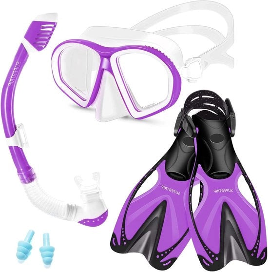 Set di snorkeling per bambini a 3 pezzi con occhiali da sub, snorkel asciutto e pinne regolabili