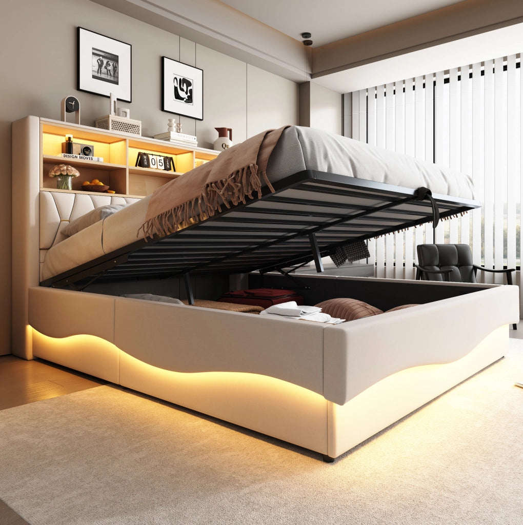 Letto contenitore 180x200 cm in lino e metallo beige con LED e USB, senza materasso