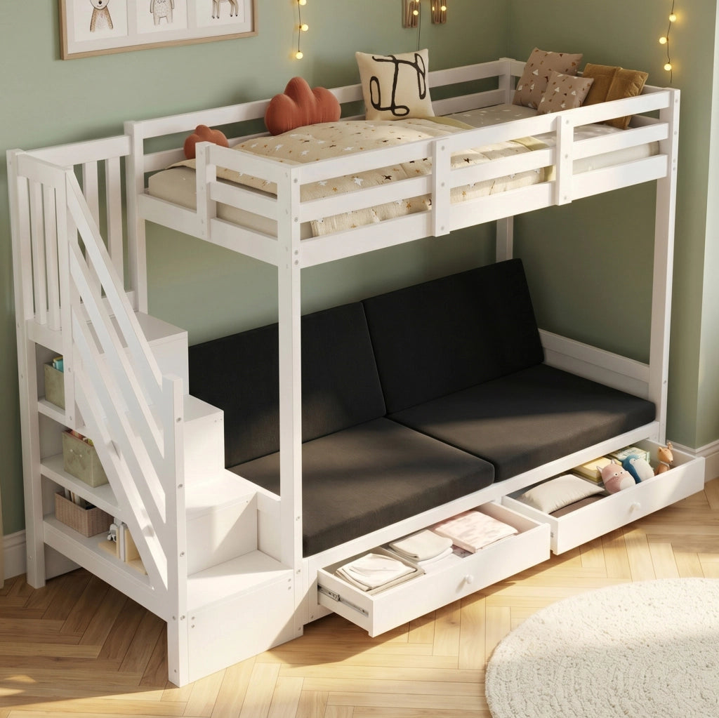 Letto a soppalco per bambini 90x200 cm con divano regolabile; scale contenitore e 2 cassetti bianco HOMVRA