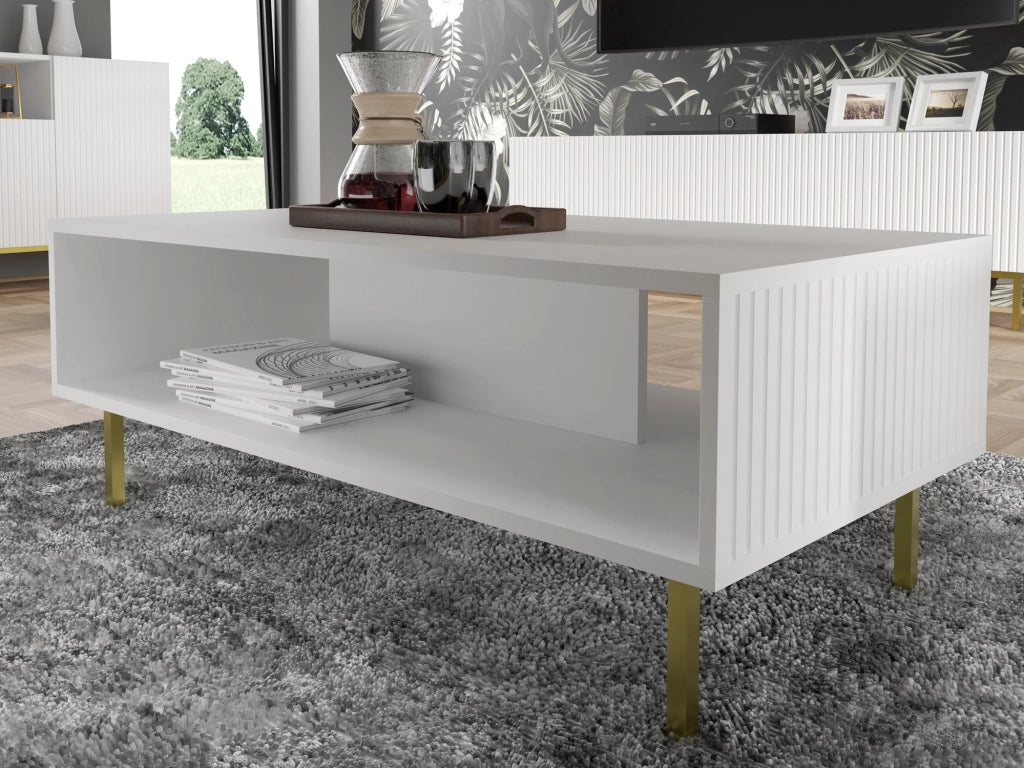 TAVOLINO DA CAFFÈ RAVENNA B IN MDF LACCATO 90x60x45 BIANCO OPACO STRUTTURA ORO