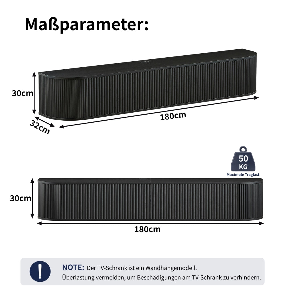 Mobile TV sospeso con passacavi e ante scanalate a chiusura ammortizzata nero 180 × 32 × 30 cm