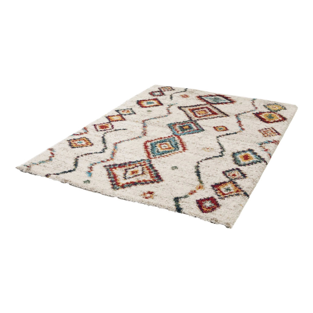 Tappeto shaggy per interni, stile berbero, crema e multicolore