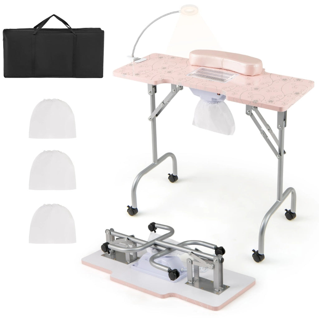 Tavolo manicure pieghevole con aspiratore elettrico e borsa da trasporto, Scrivania portatile unghie con luce led Rosa