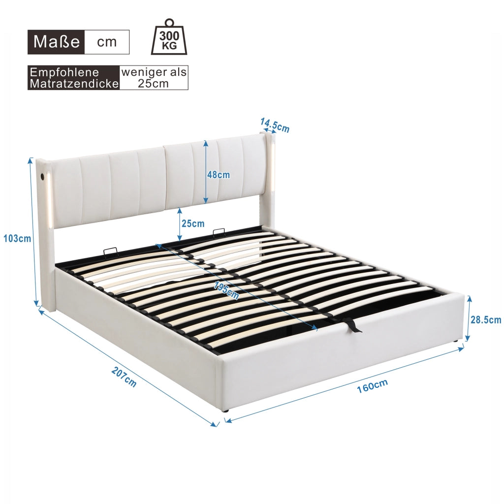 Letto per adulti 160x200 cm con LED; USB e Type-C; testiera regolabile; vano contenitore; PU bianco