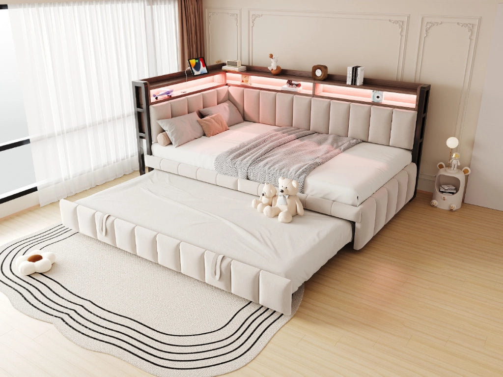 Divano letto ULEVR 90x200 cm estraibile con LED, USB e Type-C, vani portaoggetti, velluto beige