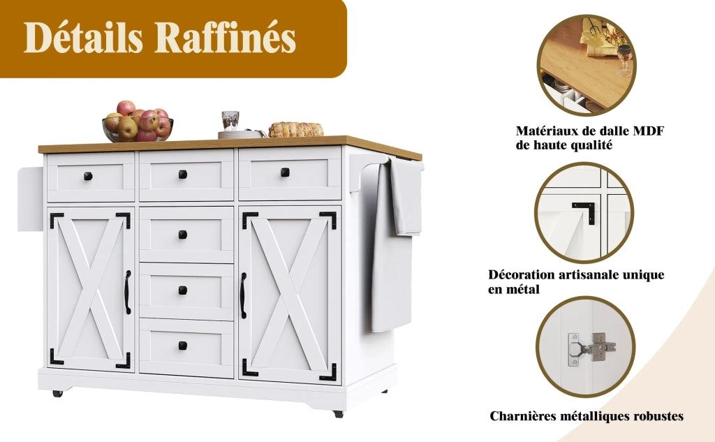 Isola da cucina bianca con finitura effetto legno, carrello portavivande multifunzione mobile con ampio spazio contenitore per cucina, soggiorno e sala da pranzo