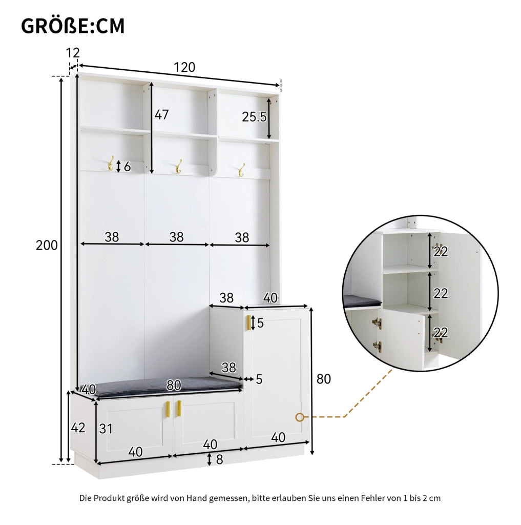 Set appendiabiti con panca e porta scarpe, panca multifunzionale con 3 ganci appesi e spazio aperto, bianco, 120x40x200 cm