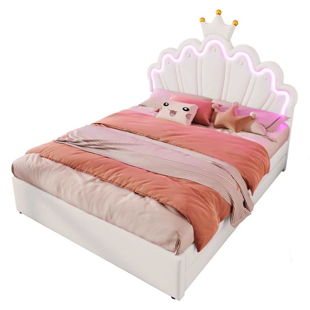 Letto matrimoniale Princess imbottito 140x200cm con 2 cassetti e forma di corona in PU bianco