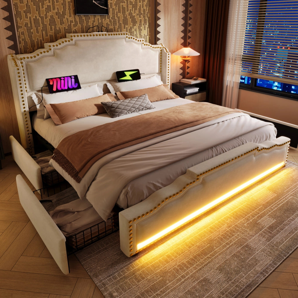 Letto imbottito beige 140 x 200 cm con LED, USB e 4 cassetti