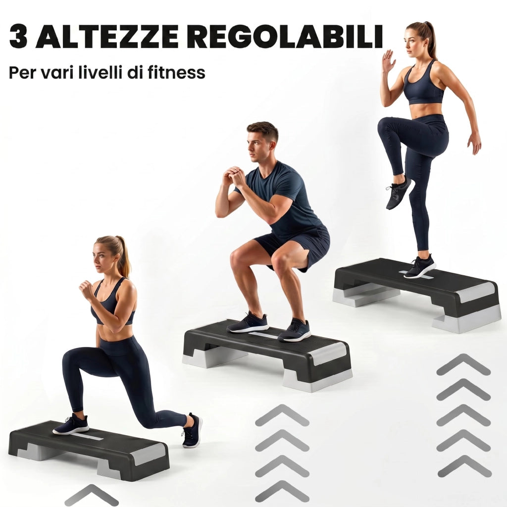 Stepper Aerobico Regolabile Altezza 15-20-25 cm con Supporti in PP e ABS Nero e Grigio