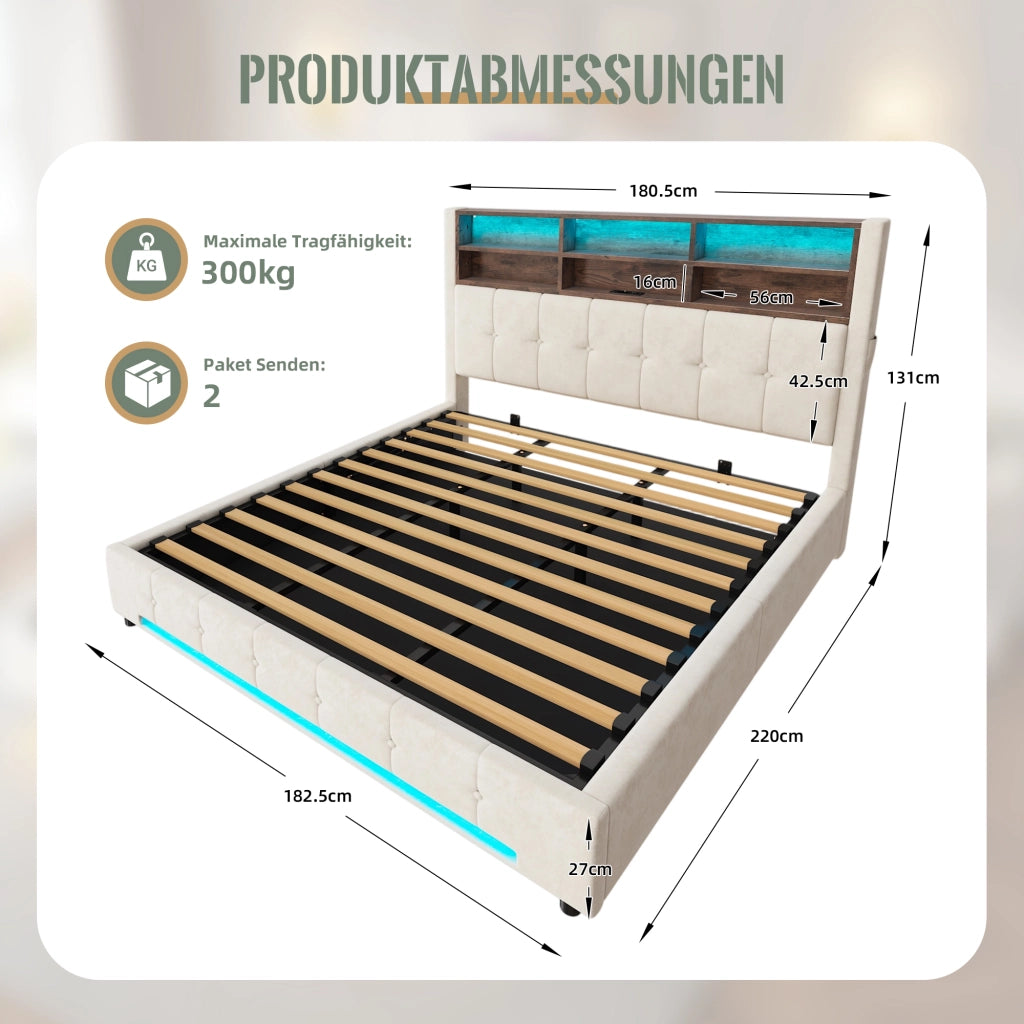 Letto imbottito 180 × 200 cm con contenitore idraulico testiera multifunzione USB-C LED velluto beige