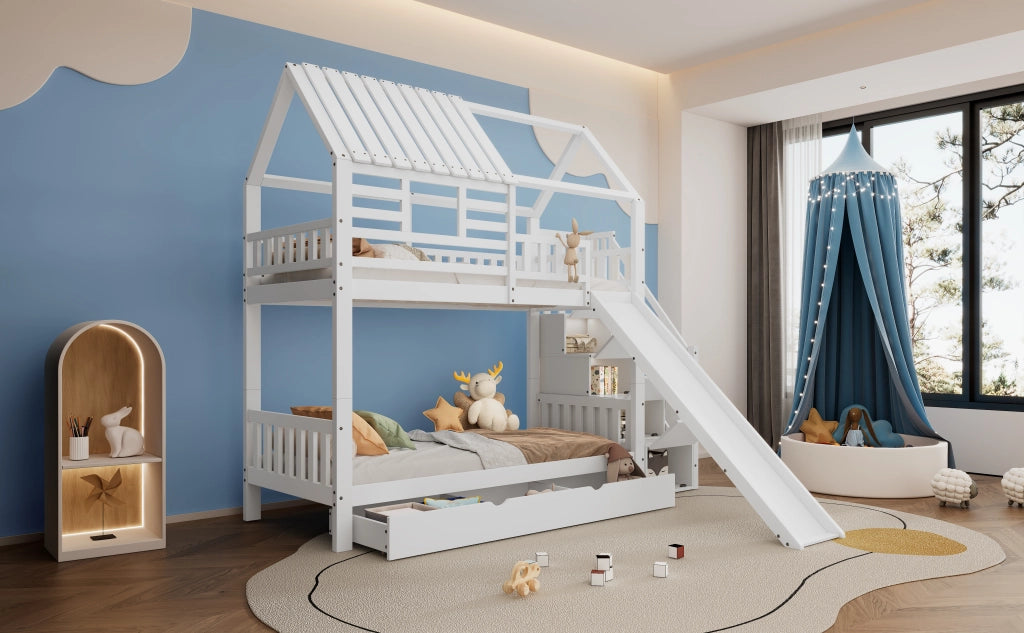 Letto A Castello A Casetta 90x200 Cm Con Scala E Scivolo; Legno Di Pino E MDF; Bianco