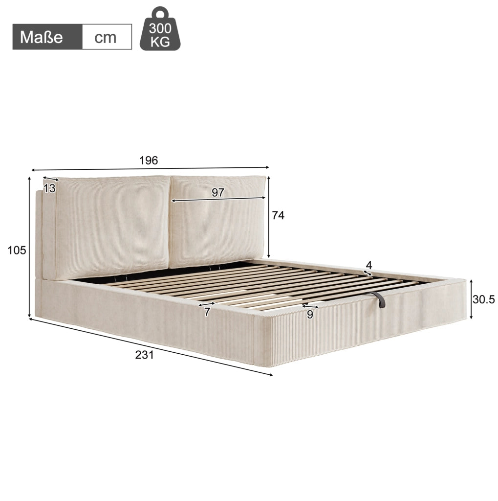 Letto 180x200 cm con contenitore idraulico e rete a doghe, rivestito in velluto a coste beige