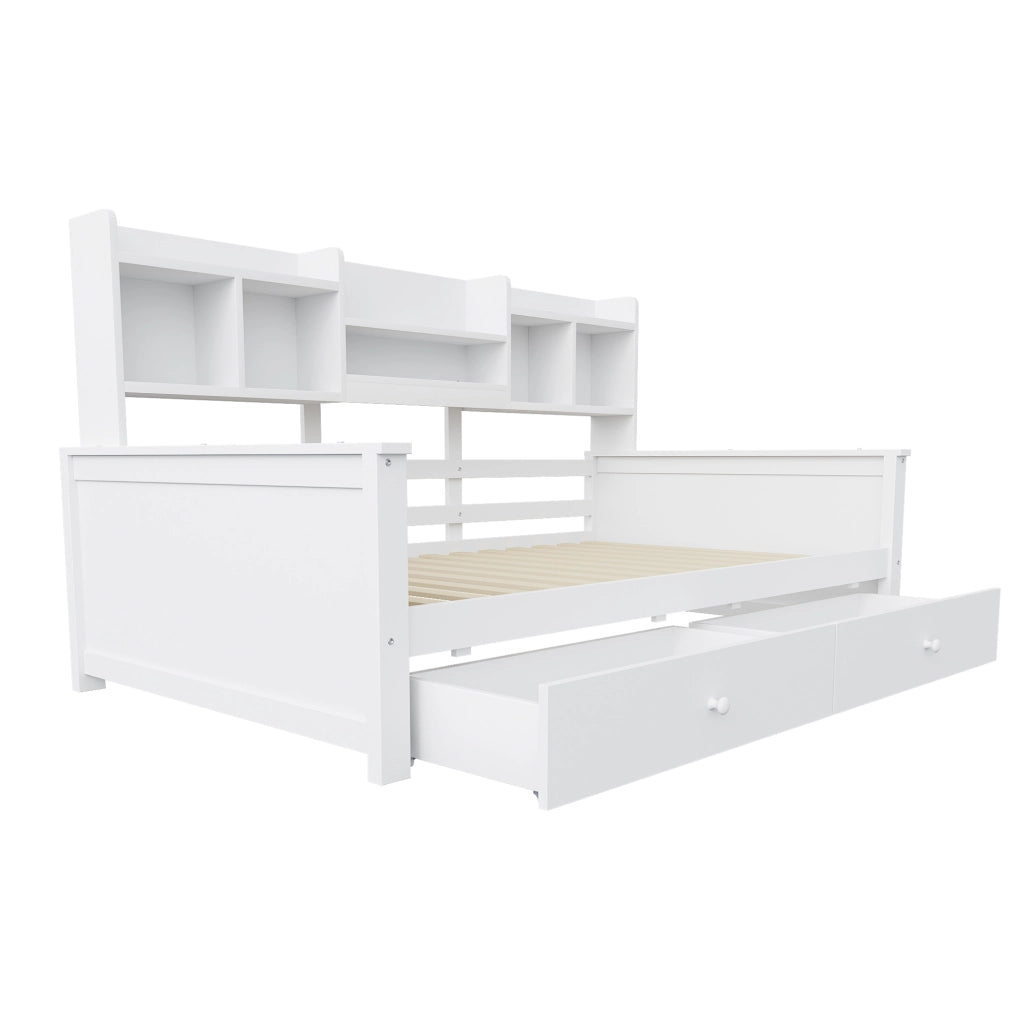 Letto singolo multifunzione 90x200 cm in legno massello bianco con cassetti e scaffali integrati