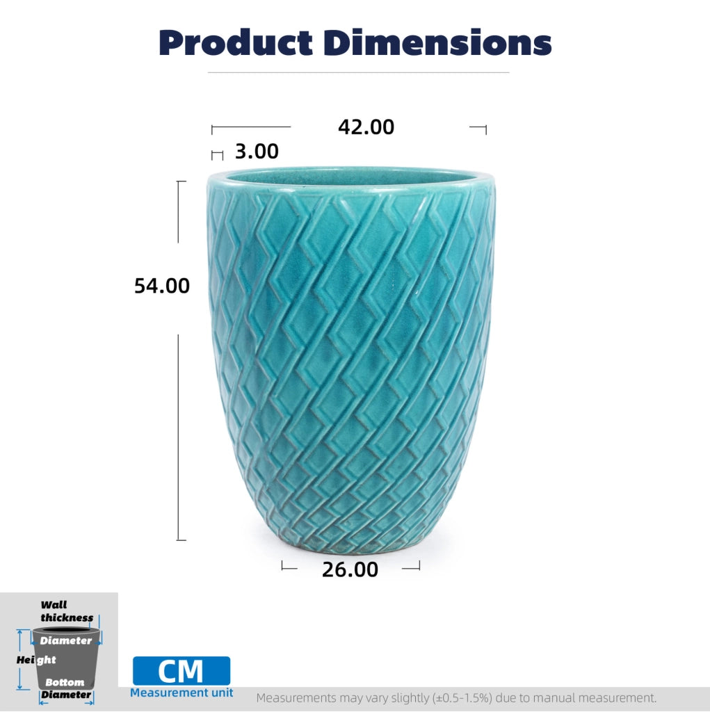 Grande Vaso in Ceramica Artigianale, 42 cm di Diametro × 54 cm di Altezza, Blu Ciano Lucido con Motivo a Rombo, Traspirante e Resistenti al Gelo con Fori di Drenaggio