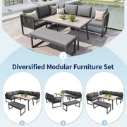 Set Mobili da Giardino in PE-Rattan con Cuscini Spessi, Divano da Esterno Modulare per 6-8 Persone, Colore Grigio
