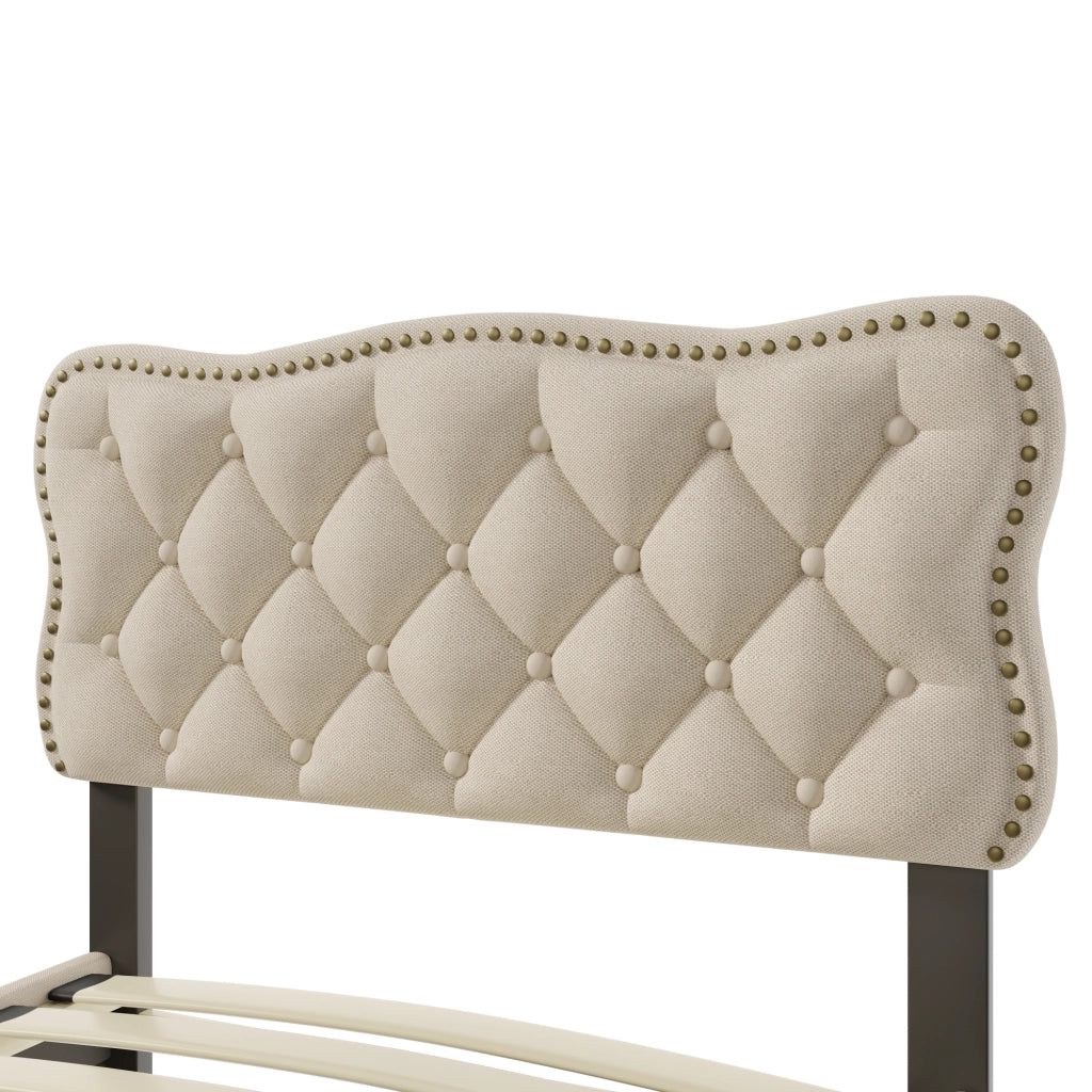Letto con cassetti 90 × 200 cm imbottito con testiera regolabile e borchie decorative in lino e MDF beige scuro